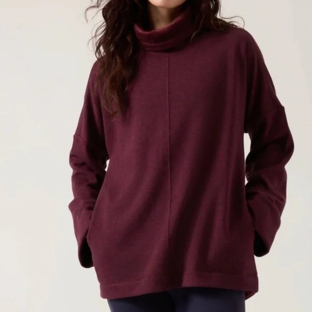 Athleta Sweatshirt Women Medium Burgundy Red Cozy Karma Funnel Neck Soft Comfort